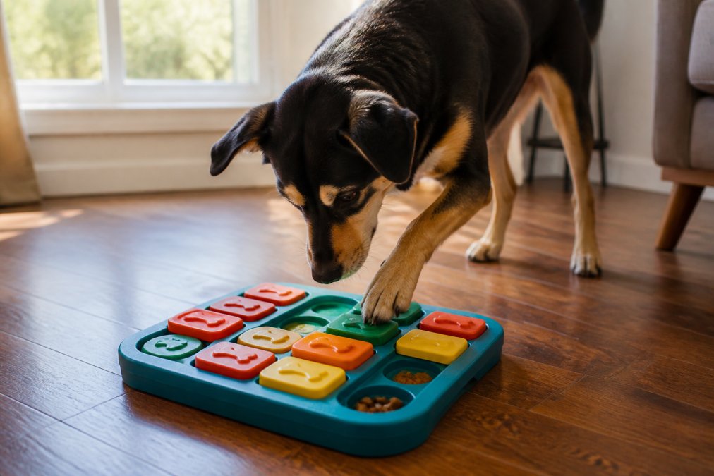 A curious medium-sized dog pawing at a colorful puzzle toy on a hardwood floor, treats visible in the toy's compartments, warm natural light from a nearby window