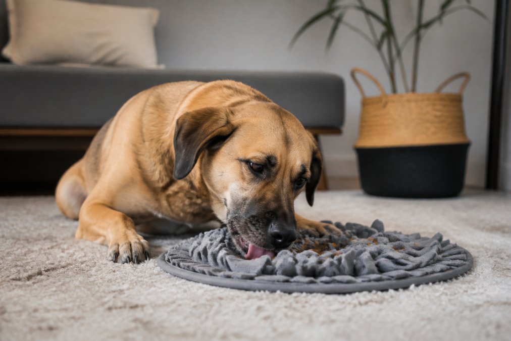 A calm rescue dog lying on a soft rug, licking a treat-filled mat, relaxed body posture with ears down and eyes soft, cozy home environment in the background