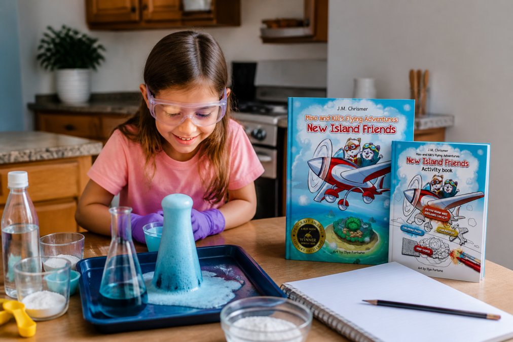 Child wearing safety goggles conducting a colorful science experiment at a wooden kitchen table with household materials, beakers, and a notebook, smiling while observing fizzy reactions