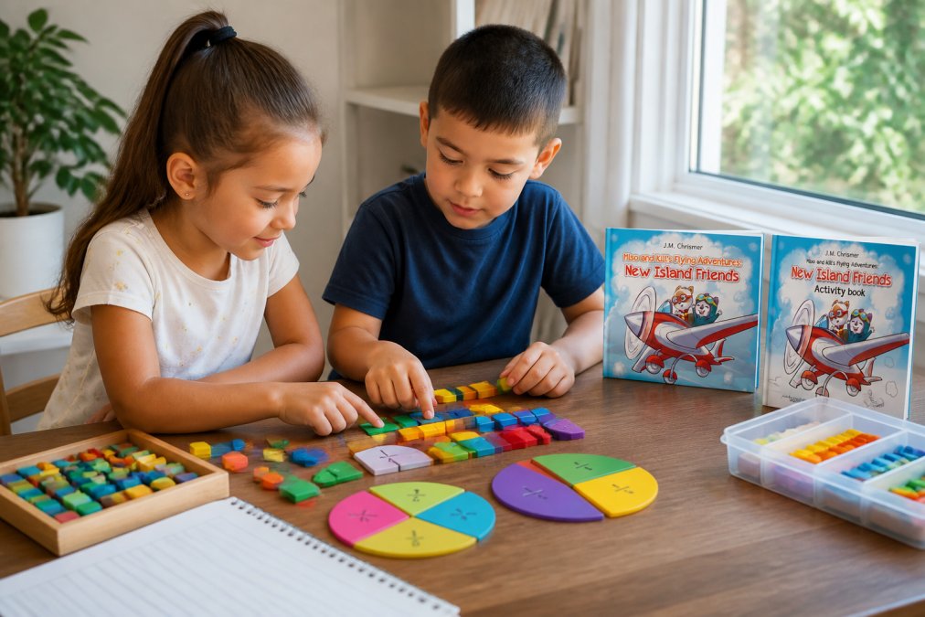 Two children working together at a wooden table with colorful math manipulatives, fraction blocks, and counting materials, concentrating while solving a problem together with natural window lighting