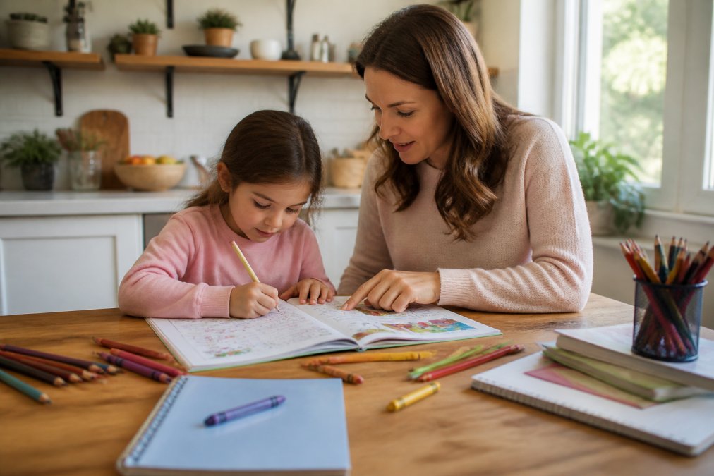 A parent and child sitting at a kitchen table working through a colorful activity book together, pencils and crayons scattered around, warm natural light