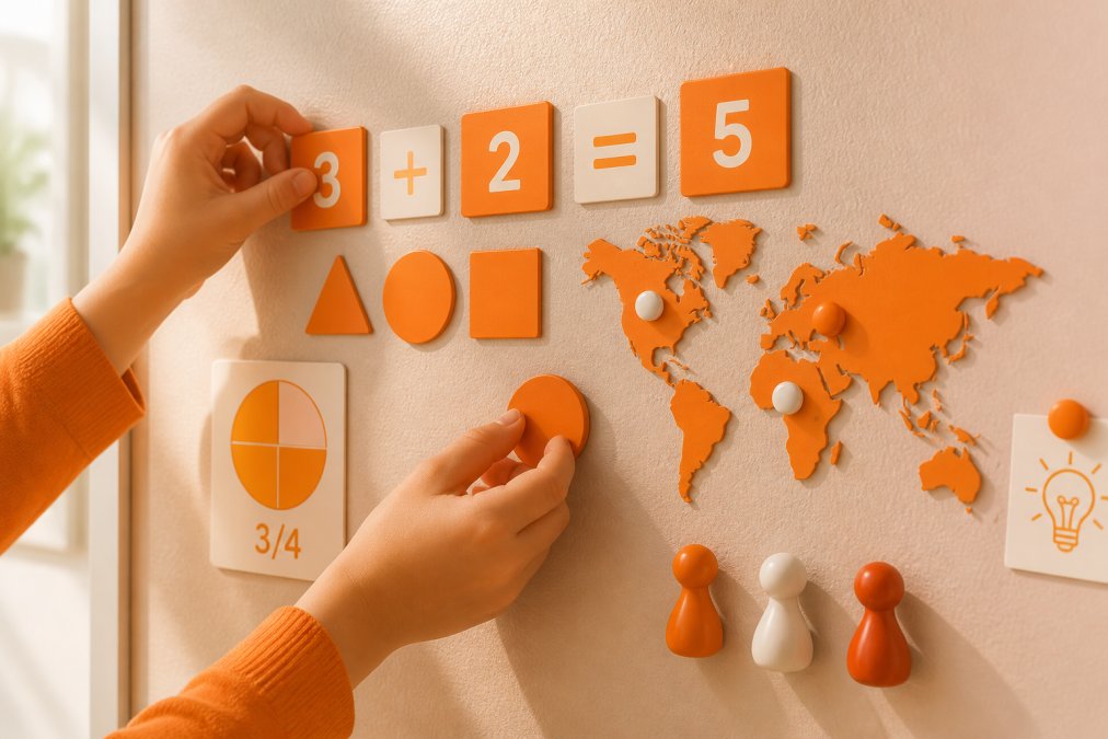 Close-up of hands placing magnetic tiles and learning objects on a ferrous wall surface, showing texture detail and tactile engagement, with natural light highlighting the interactive elements