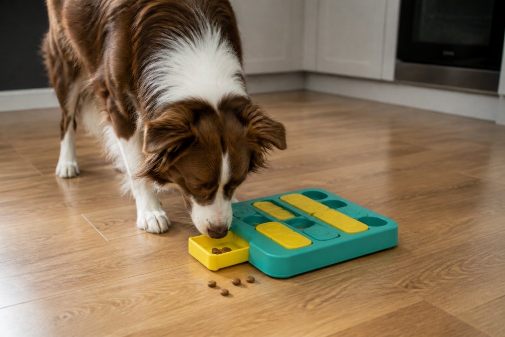 Medium-sized dog using a puzzle feeder for interactive mealtime on a kitchen floor