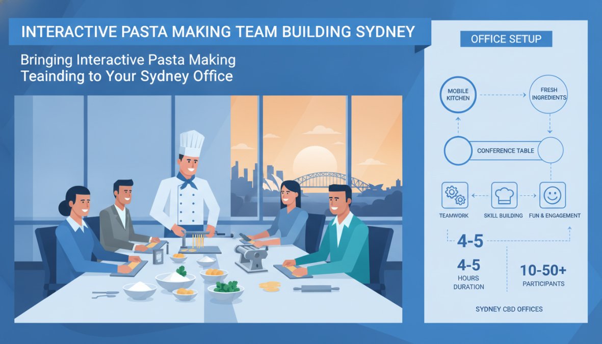 A [private chef](/2026/06/15/private-chef-menu-options-for-events/) in a white uniform setting up a mobile cooking station on a long conference table in a modern Sydney office boardroom, with colleagues gathering around bowls of flour, eggs, and fresh herbs laid out alongside pasta-making equipment, warm afternoon light coming through floor-to-ceiling windows