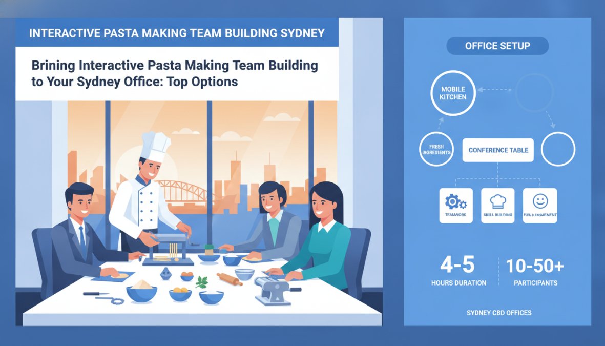 A diverse corporate group of eight people laughing and rolling fresh pasta dough together at a long stainless steel kitchen bench, guided by a chef in a white uniform in a professional restaurant kitchen with warm overhead lighting in Sydney