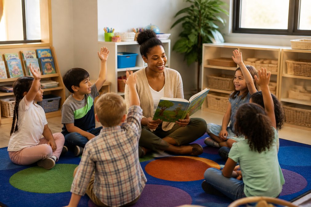 Teacher leading interactive reading lessons for smiling elementary students on a classroom rug.