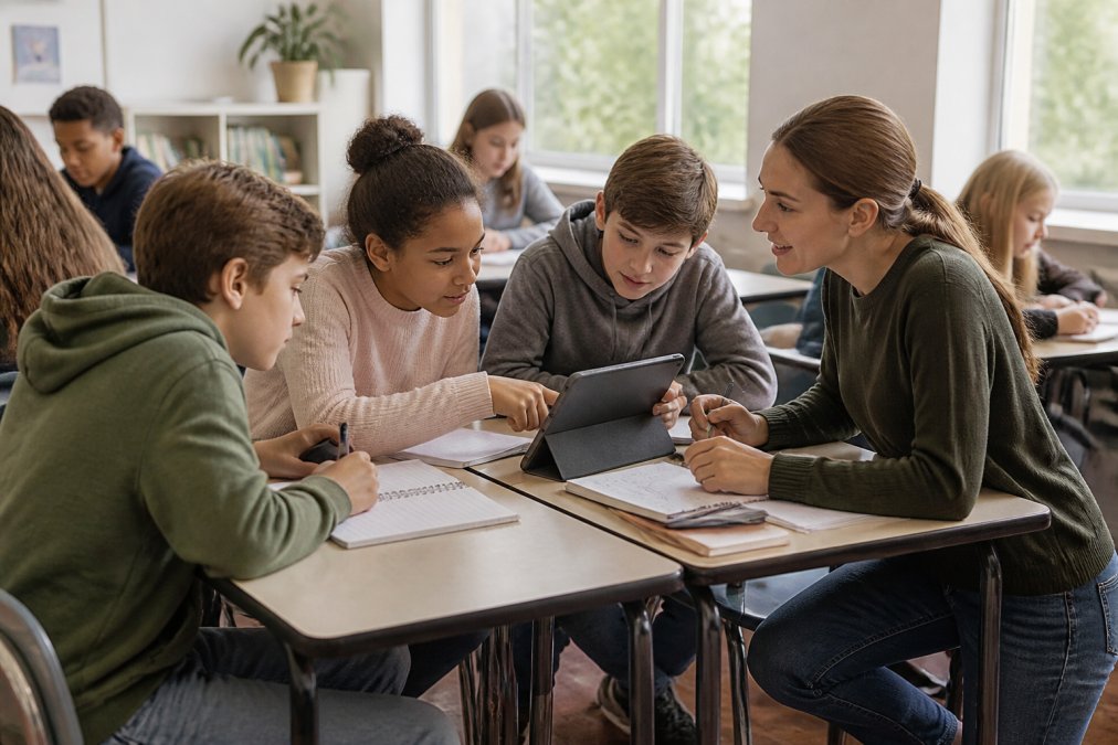 Middle school students using tablets for interactive story lessons with their teacher in a sunlit classroom