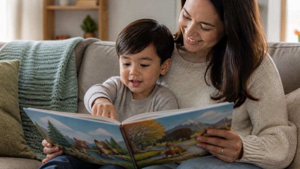 Parent and child sitting together on a couch reading a colorful interactive picture book, child pointing at illustrations while parent smiles encouragingly and leans in