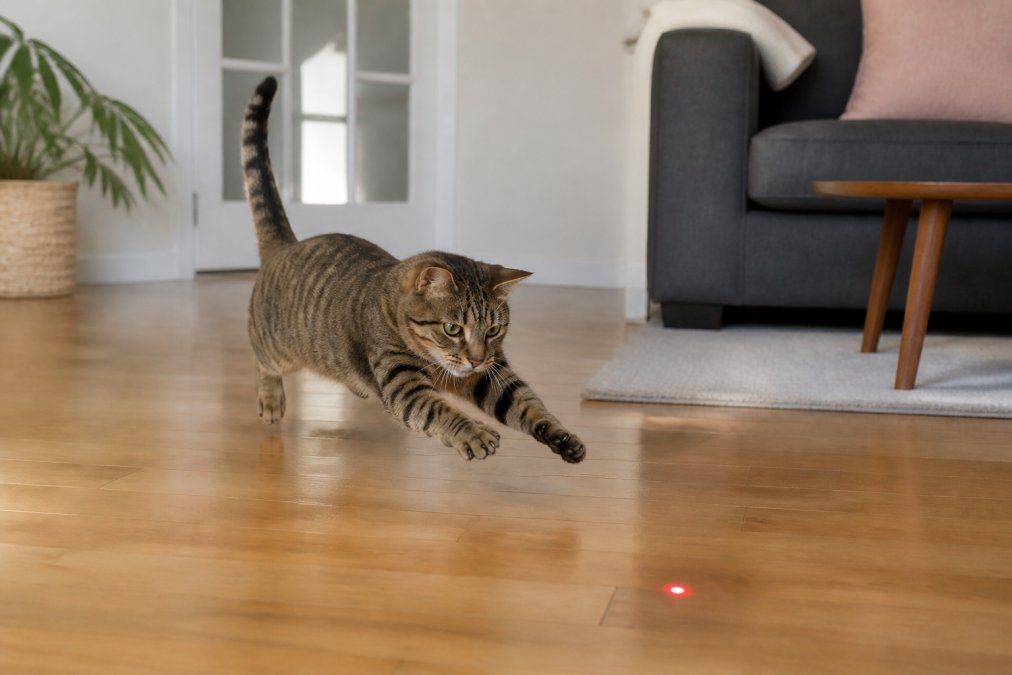 A tabby cat mid-pounce with front paws extended, chasing a red laser dot across a sunlit hardwood floor in a modern living room with white walls and a gray couch in the background