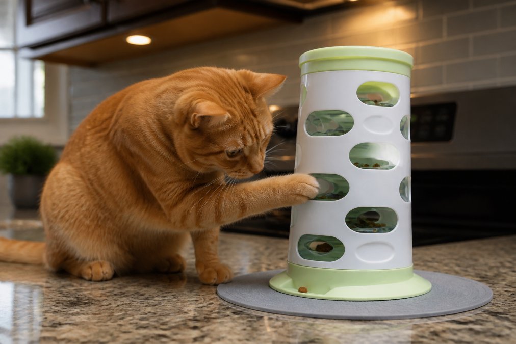 Close-up of an orange tabby cat on a kitchen countertop, using one paw to bat kibble through the openings of a tall vertical puzzle feeder tower, with warm overhead lighting and a tiled backsplash in the background