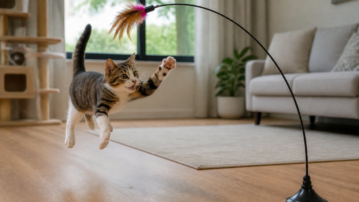 A close-up photograph of a cat batting at a feather teaser wand toy in a bright living room, with a suction-cup base attached to the floor and the cat in mid-pounce