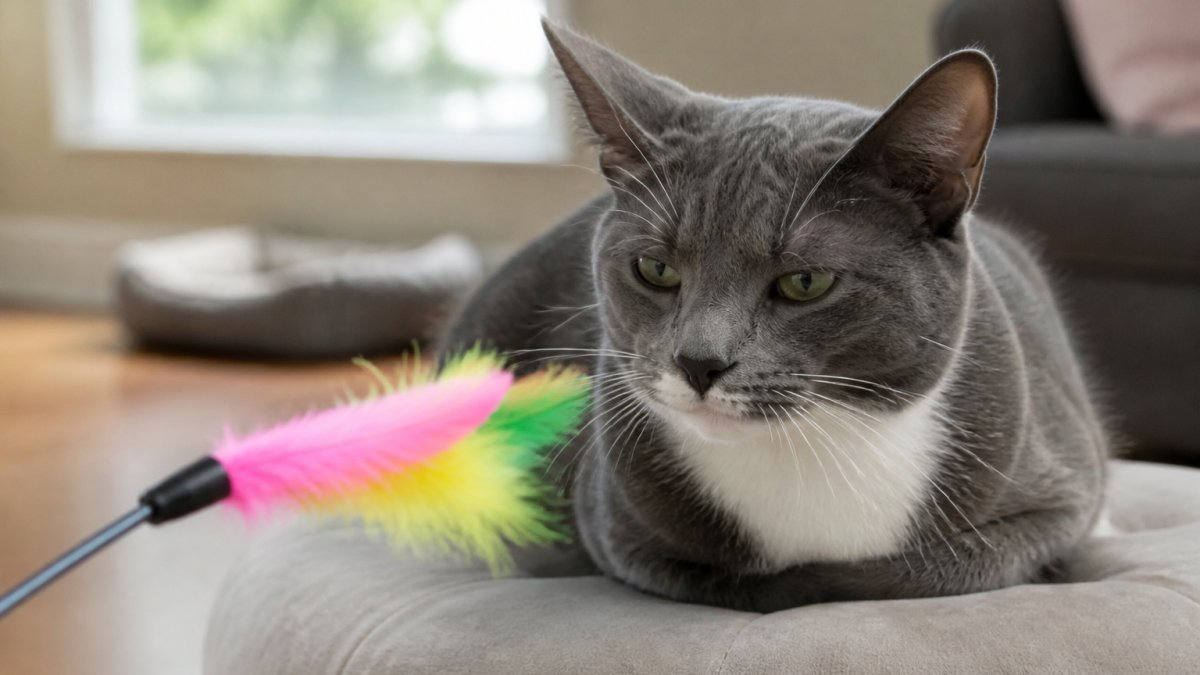 Relaxed cat with soft, forward-facing ears and slow-blinking eyes resting comfortably during gentle play.
