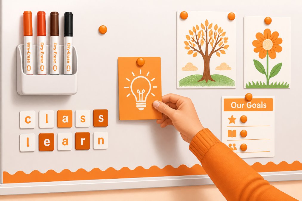 Close-up of a classroom wall section showing dry-erase markers, magnetic letter tiles, and student work displayed with magnets on a clean white surface, with a hand placing a coloured card in the centre of the frame under bright classroom lighting