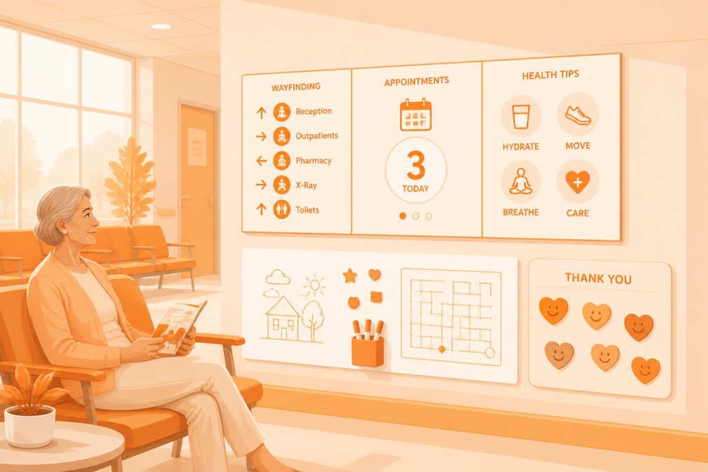 Patient sitting in bright hospital waiting room with calm, engaging wall displays visible in the background, showing a relaxed expression and natural window lighting