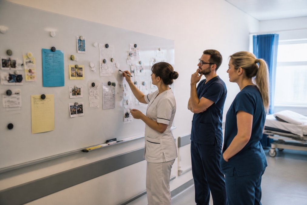 Healthcare staff collaborating around an interactive magnetic wall display with patient information and care plans visible, using markers and magnetic elements in a modern clinical setting