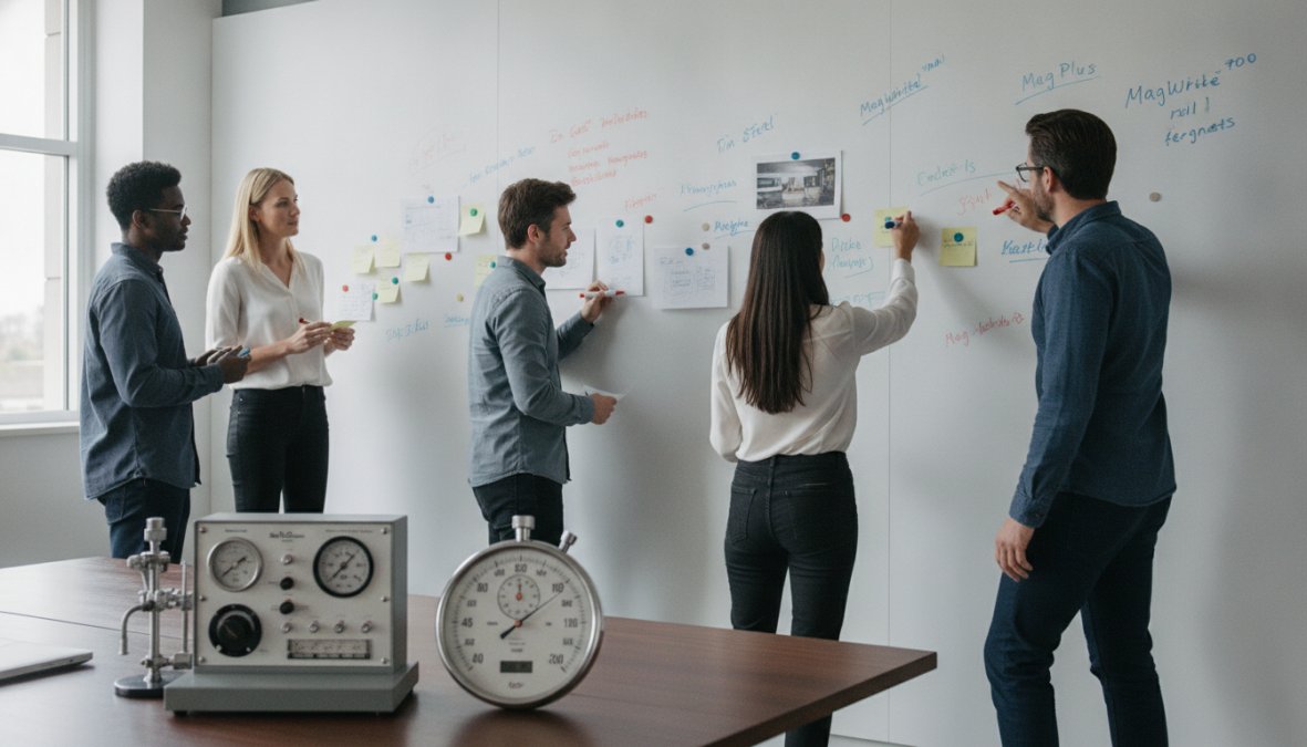 Diverse team of office professionals collaborating around an interactive magnetic wall covered with colorful sticky notes and magnets, with team members writing and organizing ideas with markers in bright natural lighting