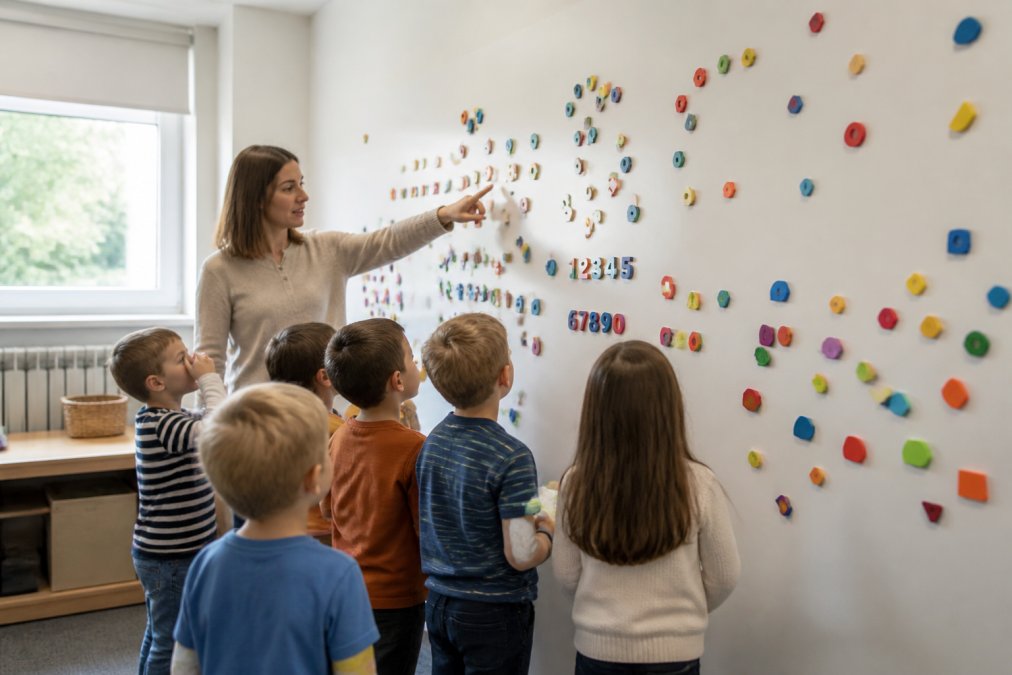 Primary school children gathered around a bright magnetic wall covered in colourful letters and shapes, with a teacher pointing to a section of the wall in a naturally lit classroom