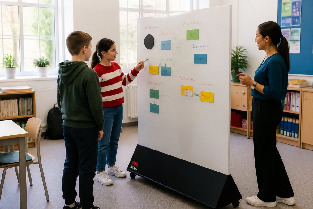 Students and teacher collaborating around a magnetic interactive wall in a bright modern classroom, with colour-coded project cards pinned to the surface and handwritten notes visible, natural daylight streaming through windows