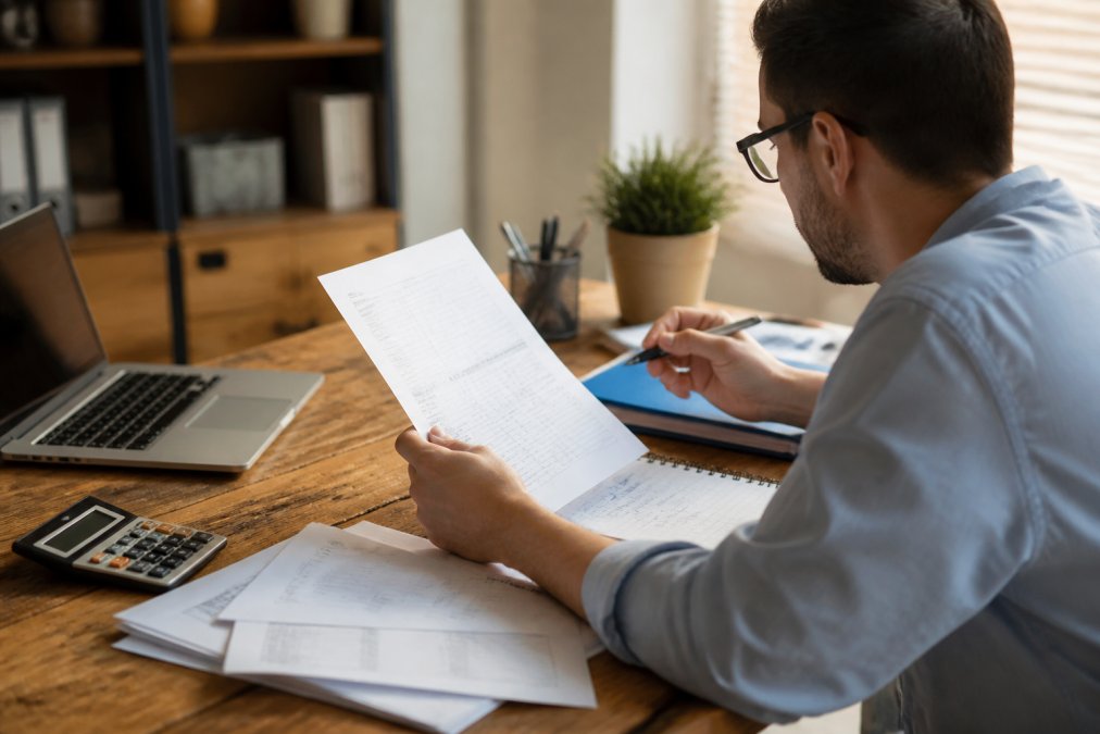 A small business owner at a wooden desk reviewing a printed merchant statement with a pen and calculator, laptop open beside them in a warm-lit office
