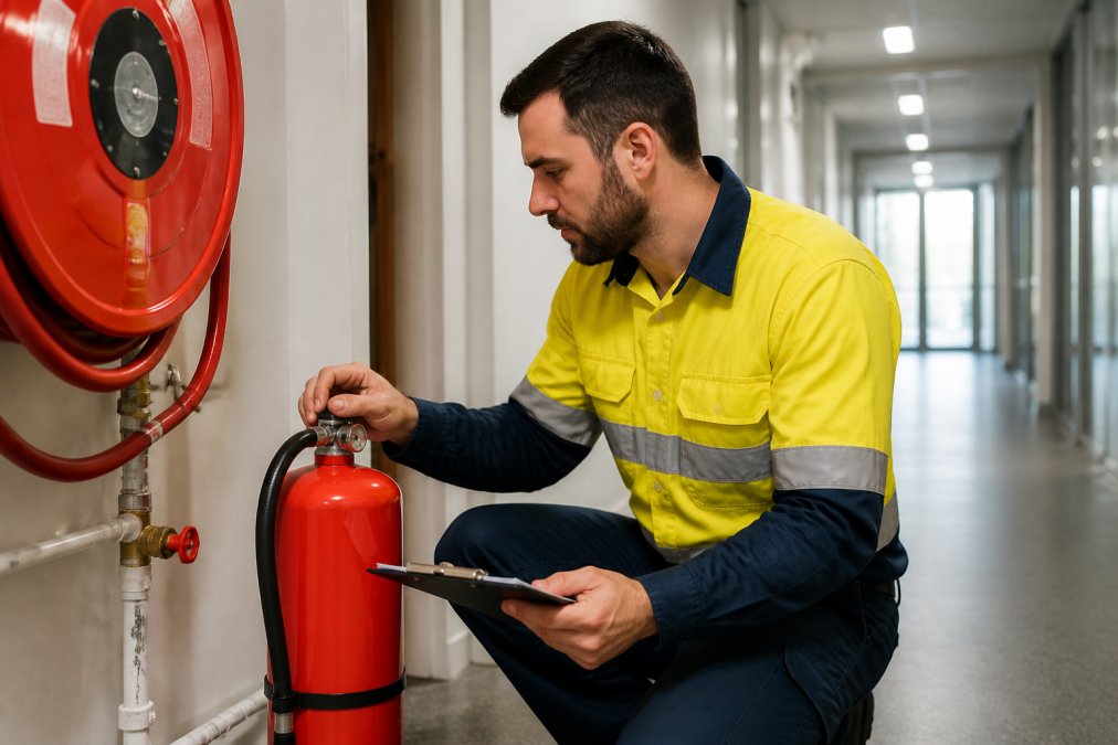 Technician conducting fire safety inspection on fire extinguisher equipment in commercial building corridor, checking pressure gauges and documentation