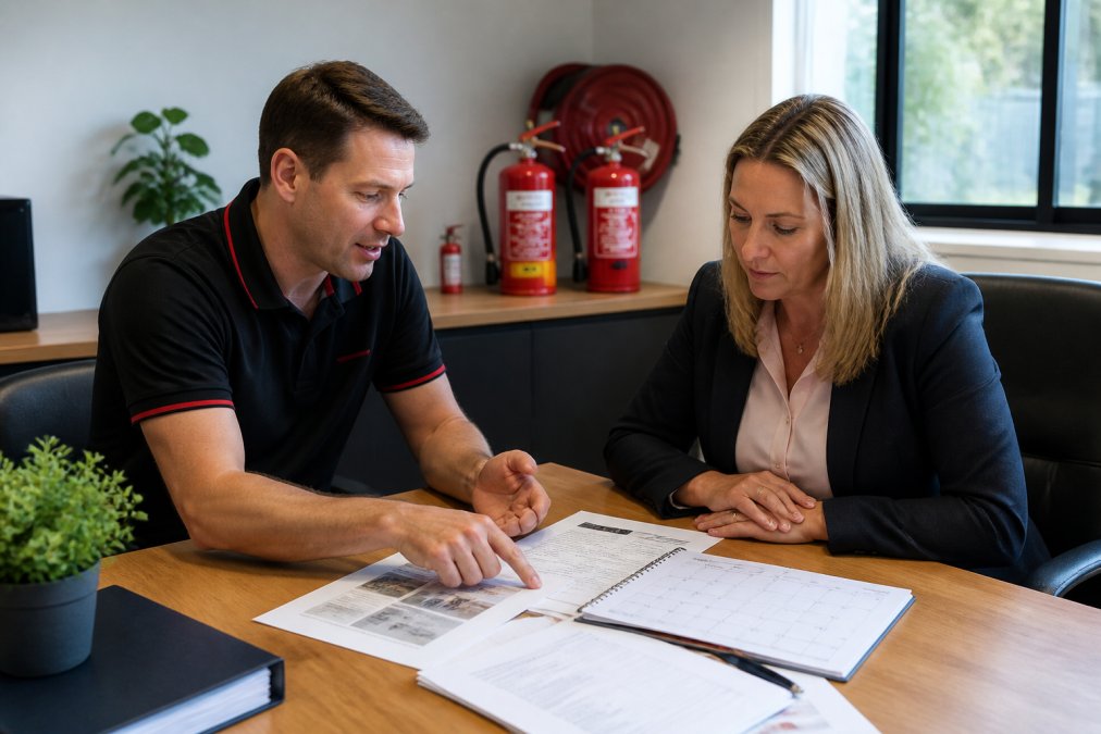 Fire safety professional discussing maintenance schedule and compliance documentation with property manager in office setting, reviewing service reports and calendar
