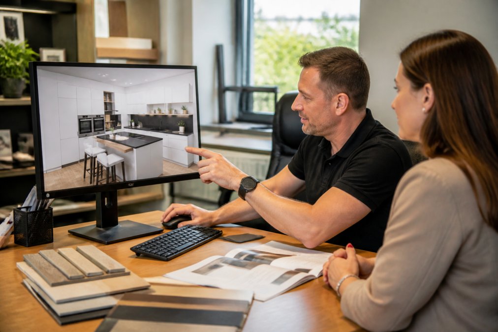 Designér konzultuje 3D vizualizaci kuchyně pro interiéry na míru s klientem u počítače v prosvětlené kanceláři.