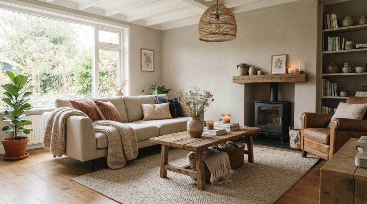 Gezellige woonkamer met landelijke elementen, zware houten meubels, linnen kussens in neutrale tinten, warm licht van kandelaren, vintage schilderijen aan de muur