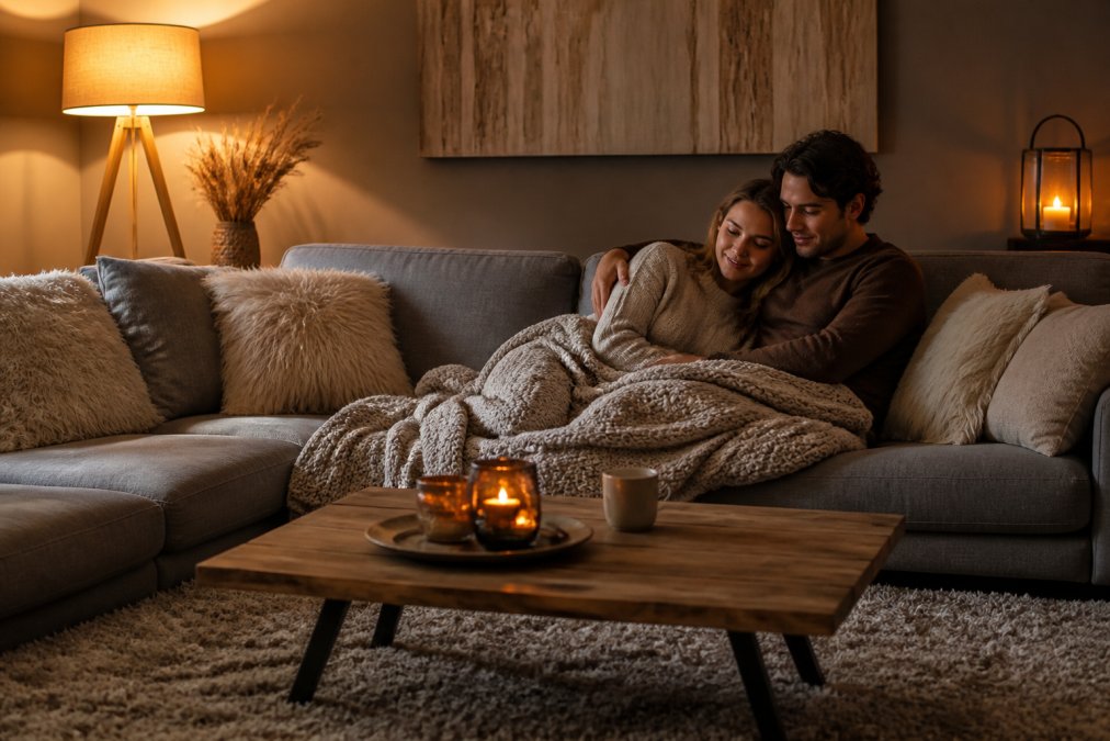 Gezellige woonkamer met warm licht van staande lampen, pluizige beige kussens op een grijze bank, een zacht grijs wollen tapijt, houten salontafel, en personen die ontspannen op de bank met een warm deken