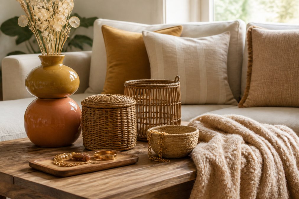 Close-up van sfeervolle woonkamer accessoires: gestapelde keramische vazen in okergeel en terracotta, rotan manden, linnen kussens in beige, en een pluizige plaid op een houten tafel met natuurlijk licht