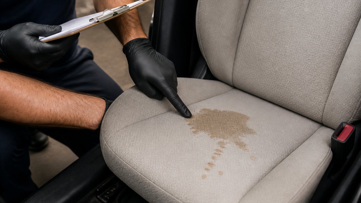 Close-up of a car interior seat with a visible coffee stain on light fabric upholstery, a detailing technician's gloved hand pointing at the stain while holding a clipboard with warranty paperwork