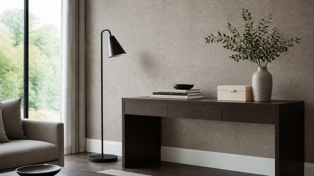 A contemporary living room with a mocha oak desk, durable wallcovering, matt black lamp and ivory storage box.