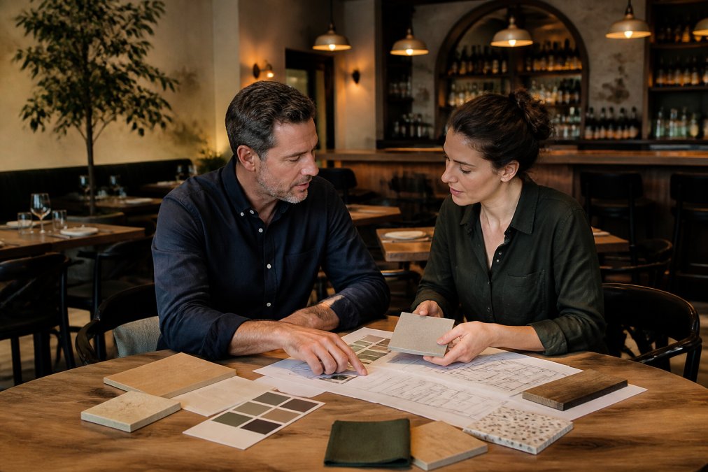 Interior designer and restaurant owner reviewing material samples and floor plans at a table inside a finished hospitality space with warm ambient lighting