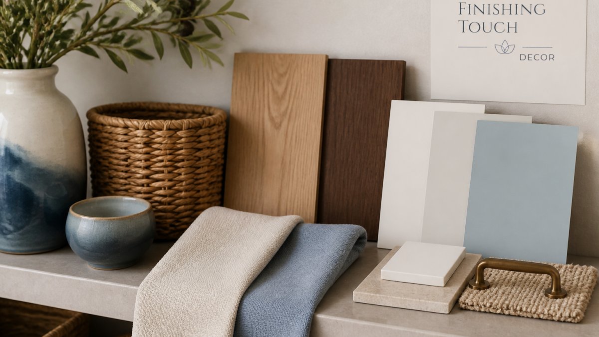 Styled shelf with cream linen, blue cotton, wood samples, paint chips, a ceramic vase, and a woven basket.