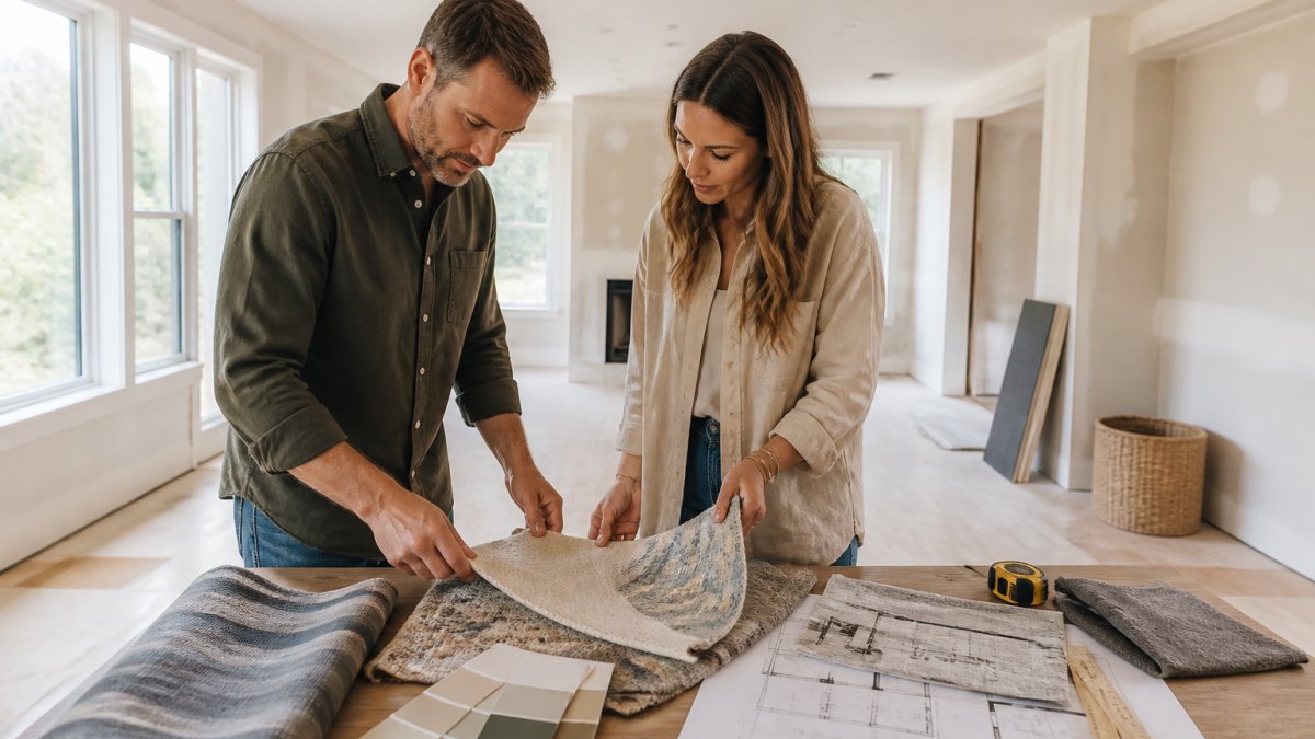 A designer and a homeowner standing in a bright, unfinished living room, reviewing large fabric swatches and a floor plan spread across a coffee table, with paint samples and a measuring tape nearby