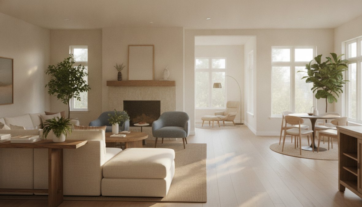 Bright, well-organized living room with furniture arranged to create clear pathways and distinct functional zones, natural light streaming through large windows, showing how proper space planning creates visual harmony