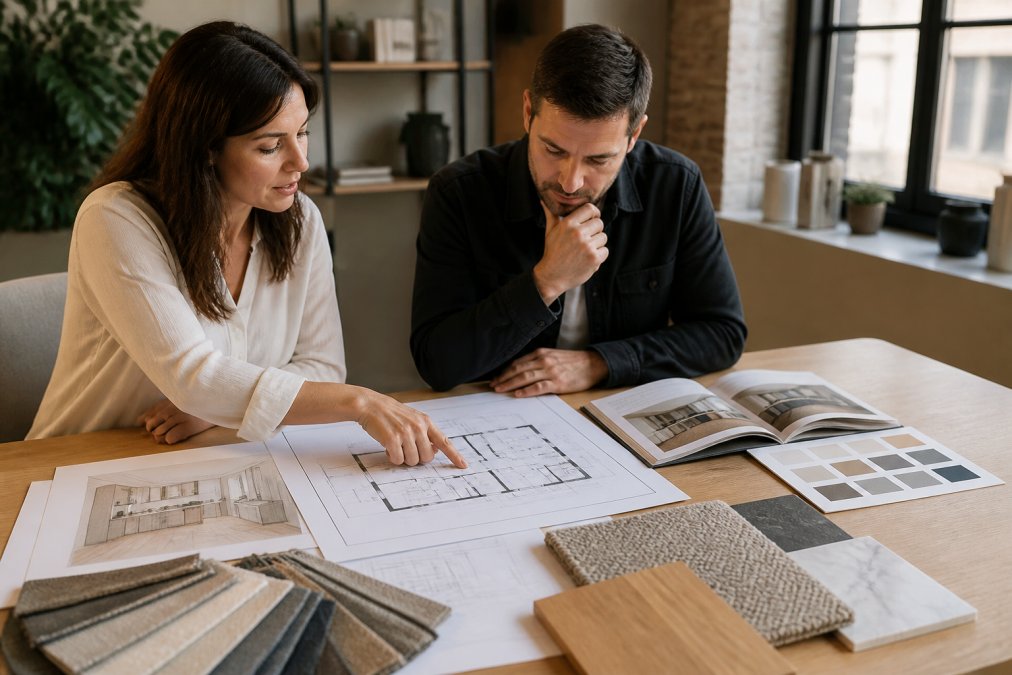 Professional interior designer and client reviewing architectural drawings and design concepts at a desk with fabric samples, colour swatches, floor plans, and material boards visible in natural office lighting