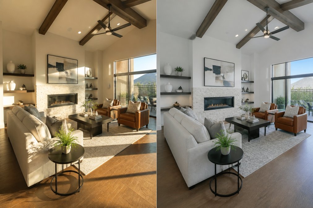 A bright living room with large windows showing natural sunlight streaming across hardwood floors and furniture, illuminating the space with warm golden tones