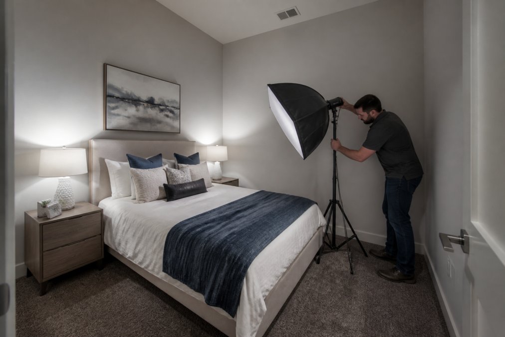A photographer setting up a speedlight with a softbox modifier on a tripod in a dimly lit bedroom, demonstrating proper flash equipment positioning and technique