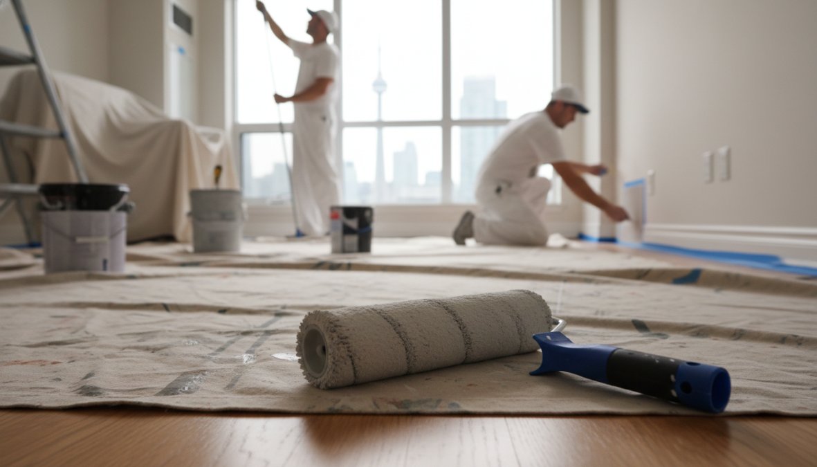 A professional painter in branded workwear applying a smooth coat of paint to a bright Toronto living room wall using a roller, with drop cloths protecting the hardwood floor and trim taped off neatly