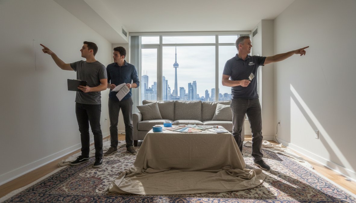A homeowner and a professional painting contractor reviewing a detailed project proposal on a clipboard inside a freshly painted Toronto home, both appearing engaged and satisfied, with warm natural light from a nearby window