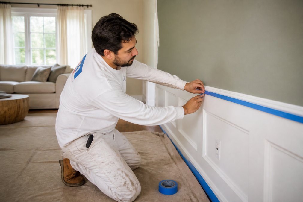 Painter applying tape to trim during an interior painting project on a sage green living room wall