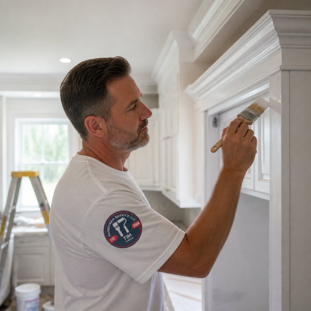 A professional painter in a clean white shirt using a brush on white kitchen cabinet trim in a bright, modern home