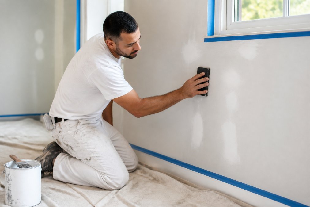 Professional painter using a sanding block on a wall with drop cloths and painter's tape visible, showing proper surface preparation technique in natural daylight