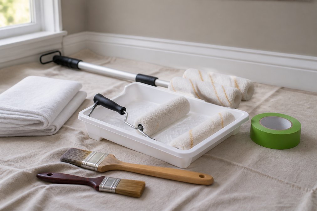 Painter's workspace showing quality tools including brushes, roller covers, paint tray, extension pole, and FrogTape on a clean work surface with organized layout