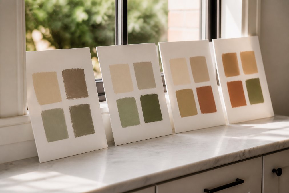 Multiple paint color swatches in warm neutrals and earthy tones (greige, taupe, sage green, terracotta) displayed on white drywall samples in natural window lighting showing undertone variations