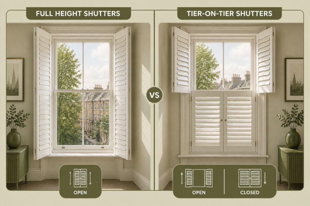 Side-by-side view of two sash windows in a period property, one fitted with full height white shutters fully open, the other with tier-on-tier shutters where the top half is open and the bottom half is closed, showing the independent operation clearly in warm afternoon light