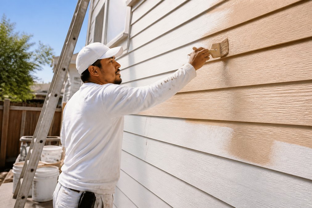 A professional painter in work clothes applying exterior latex paint to a wooden house siding with a brush, ladder and paint cans visible on a bright sunny day