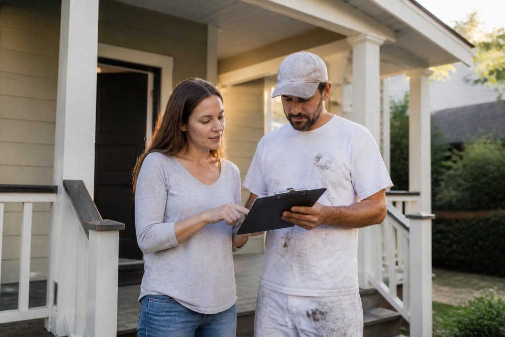 A homeowner and a painting contractor standing on a front porch in afternoon light, reviewing a project clipboard together, both engaged in conversation