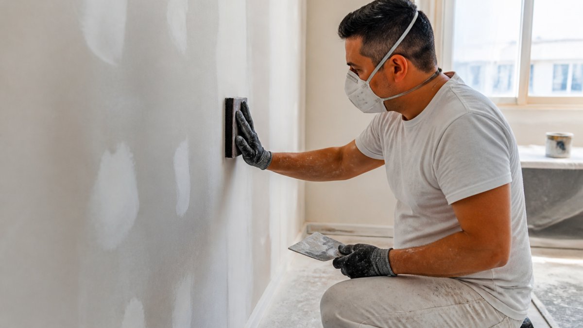 Professional painter preparing interior wall surface with sanding and patching work visible, showing detailed prep work on drywall with dust and tools