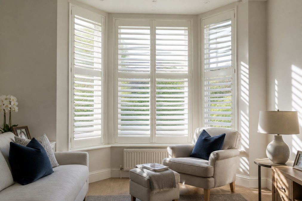 Bright living room with large bay window dressed with plantation shutters, slats partially open to control natural light, comfortable armchair positioned near window with daylight streaming through